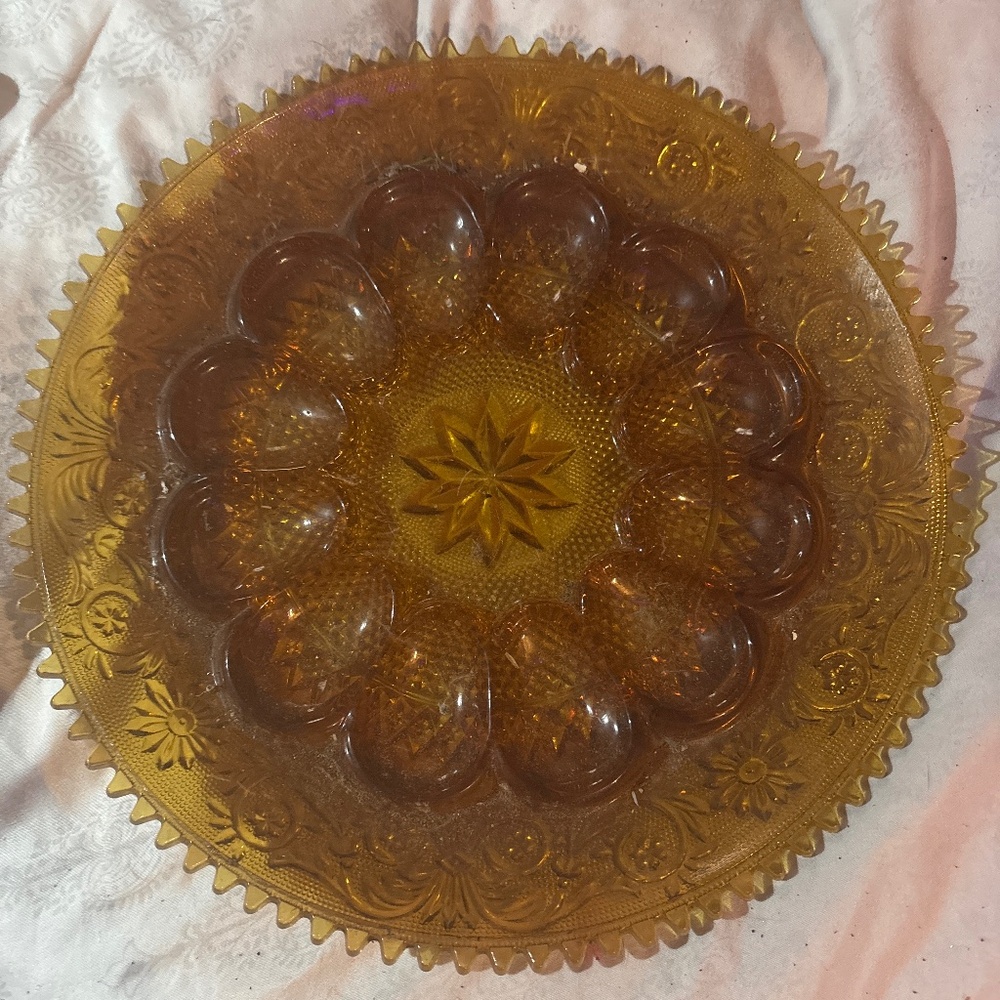 Vintage INDIANA Amber Glass Hobnail Deviled Egg 11.25" Plate Eggs Dish